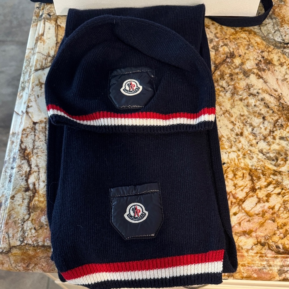 Kids Moncler Navy Hat and Scarf Set with Red and White Trim Size Large - Picture 3 of 3